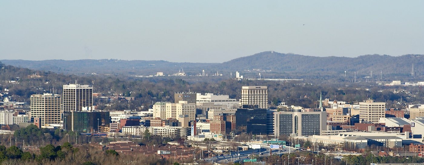 Chattanooga, Tennessee's downtown viewed from the side of a mountain.
