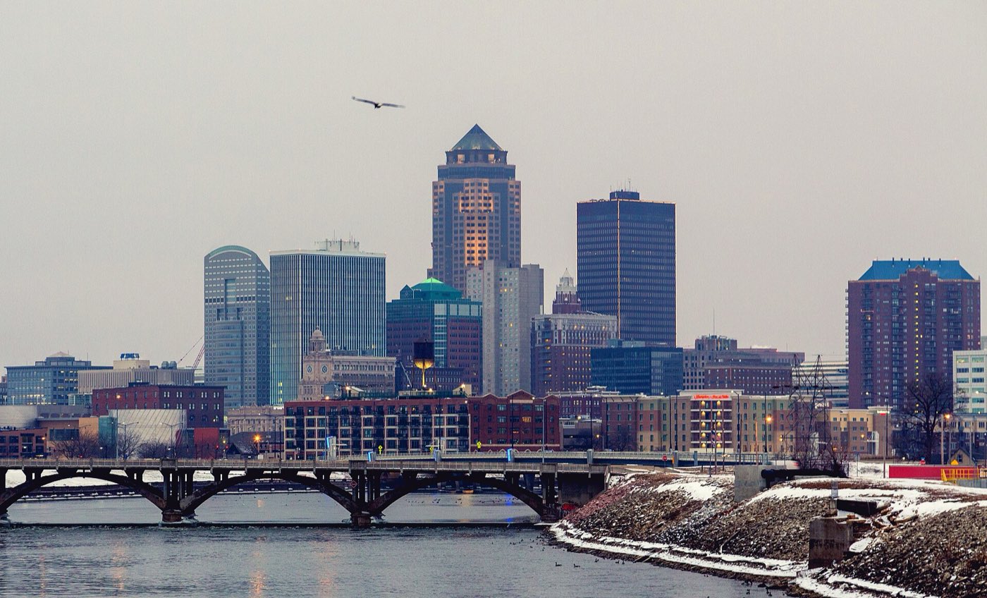 The Des Moines River leading to the Des Moines, Iowa skyline, as viewed from the SE 6th Street bridge.