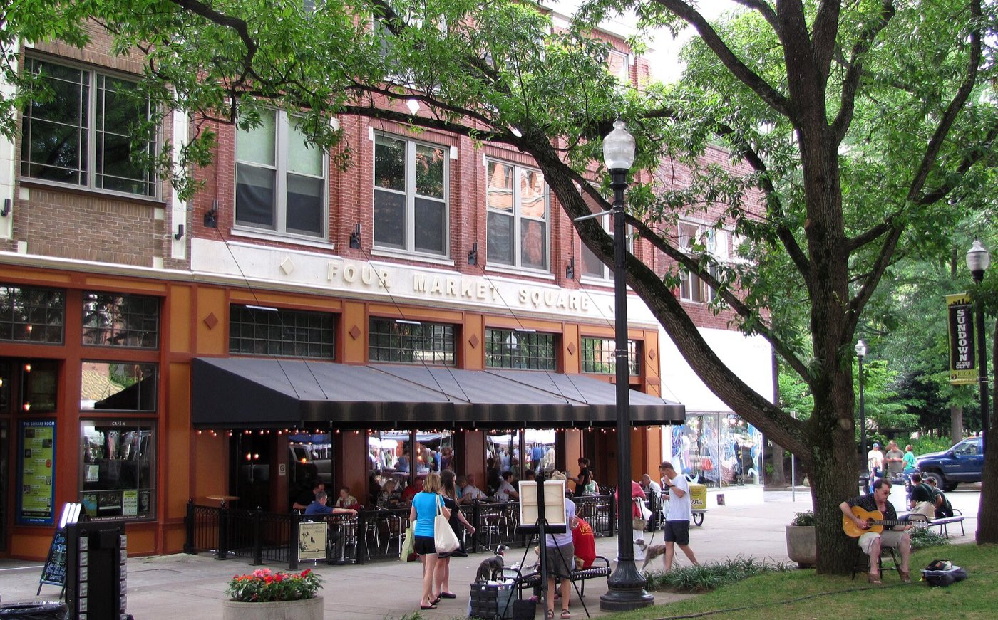 The southeast corner of Market Square in Knoxville, Tennessee, USA.