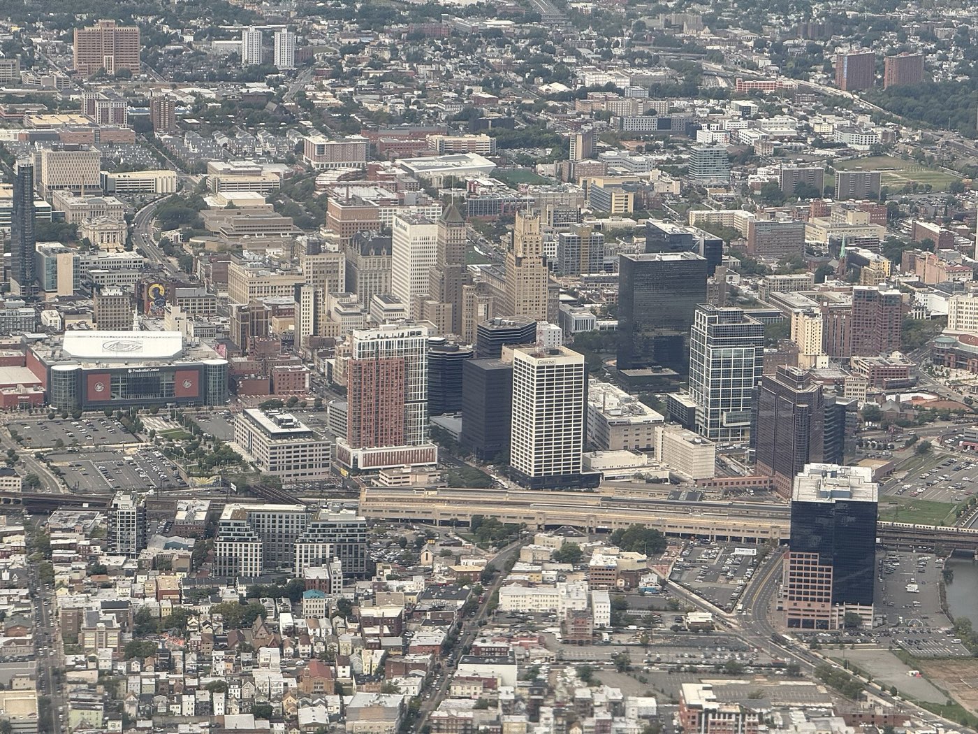 2025-09-12 12 24 59 Aerial view of downtown in Newark, Essex County, New Jersey from an aircraft which just departed from Newark Liberty International Airport