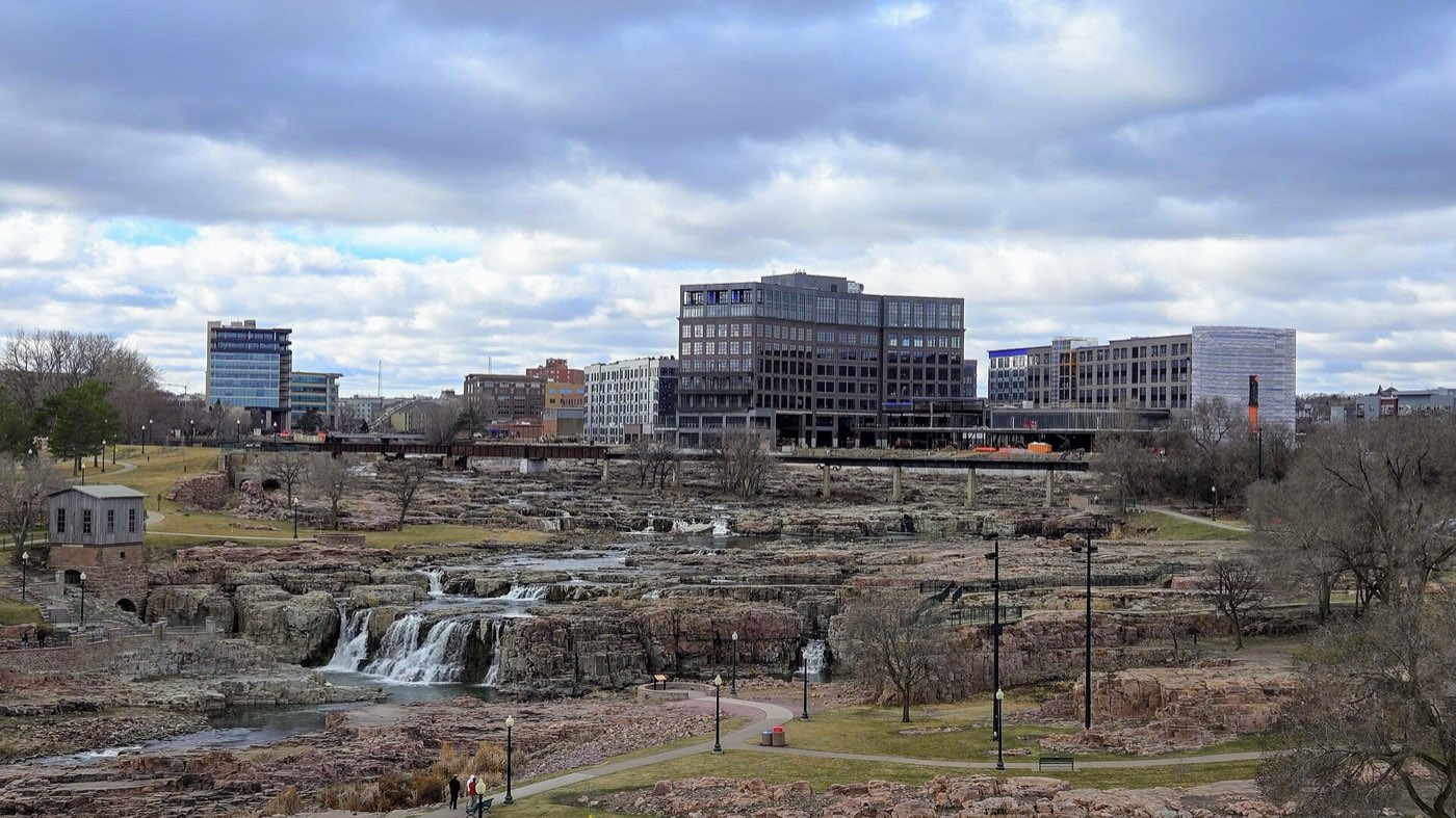 Part of downtown Sioux Falls and Falls Park on March 16, 2024, taken from the viewing tower at Falls Park