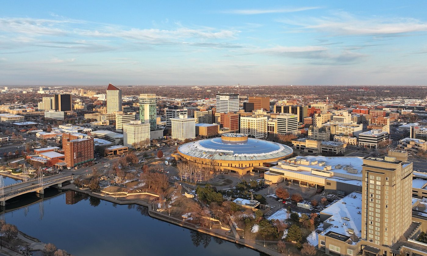 The skyline of downtown Wichita, the largest city in Kansas with a metro-area population of 647,610