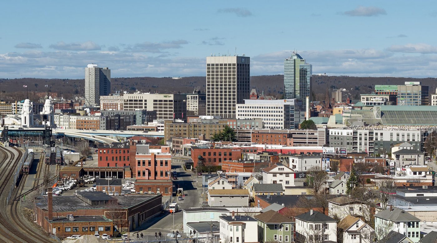 The skyline of Worcester, the 2nd-most populous city in Massachusetts and the 113th in the United States.