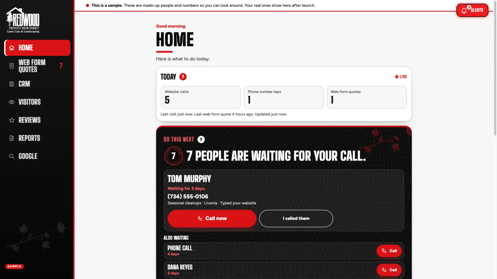 The owner's home screen: today's website visits, phone taps and web form quotes, plus who is waiting for a call back.